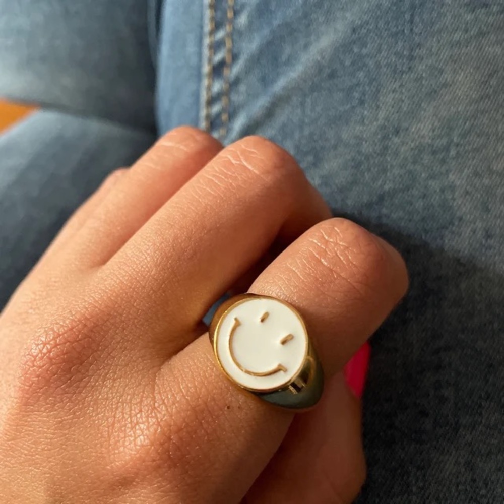 White Enamel Smiley Face Adjustable Ring